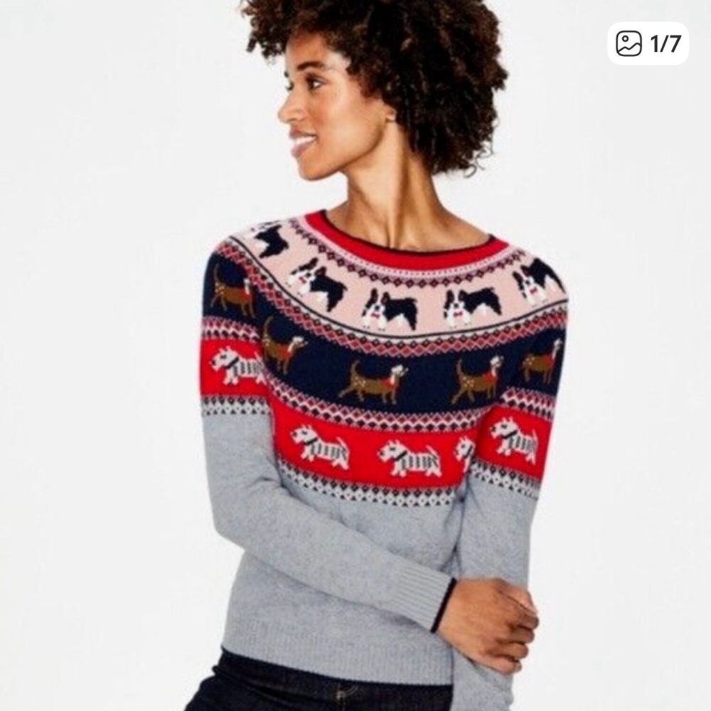 Boden Women's Classic Fair Isle Dog Pattern Sweater - Red, Navy, Light Gray